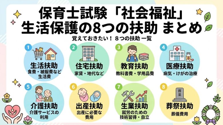 保育士試験 社会福祉 生活保護 扶助 まとめ 頻出 ポイント